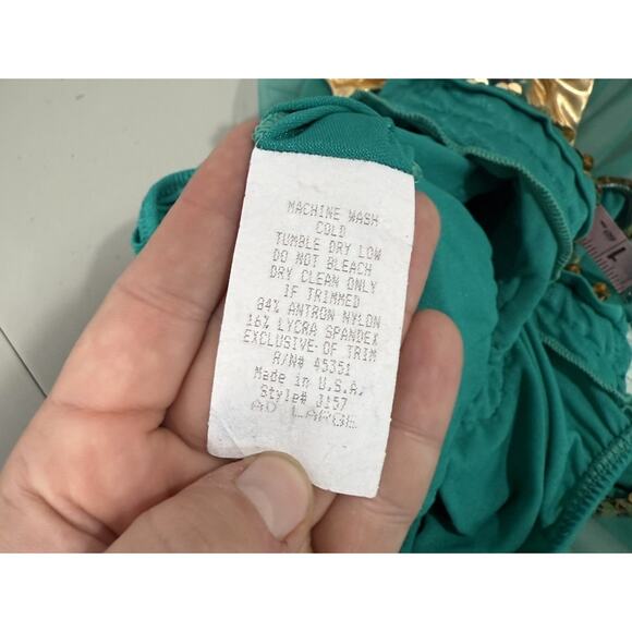 Vintage Curtain Call Costumes Green Gold Leotard Jazz Showgirl Stretch Adult L - Picture 9 of 9